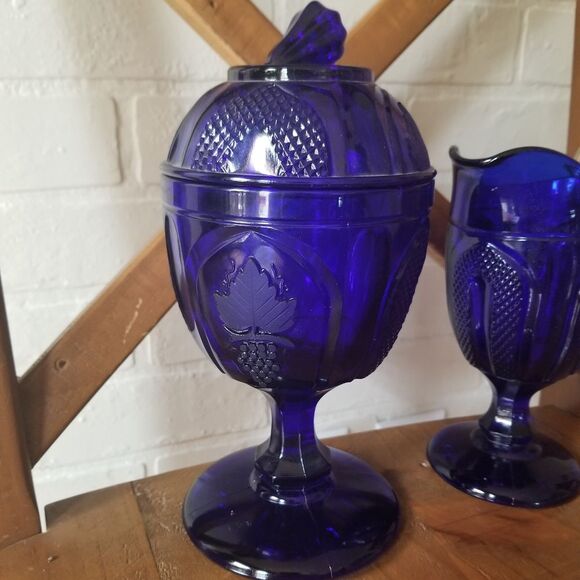 Imperial Glass Grape and Magnet Cobalt Large Creamer W/ Lid Sugar Bowl URANIUM - Picture 5 of 7